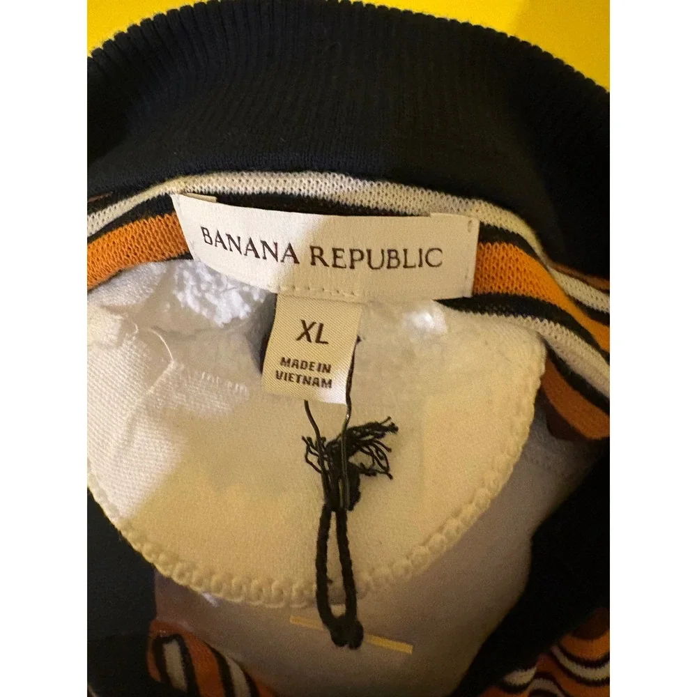 Banana Republic Cotton Sweater Polo Shirt XL Orange Navy Blue Striped Retro Knit